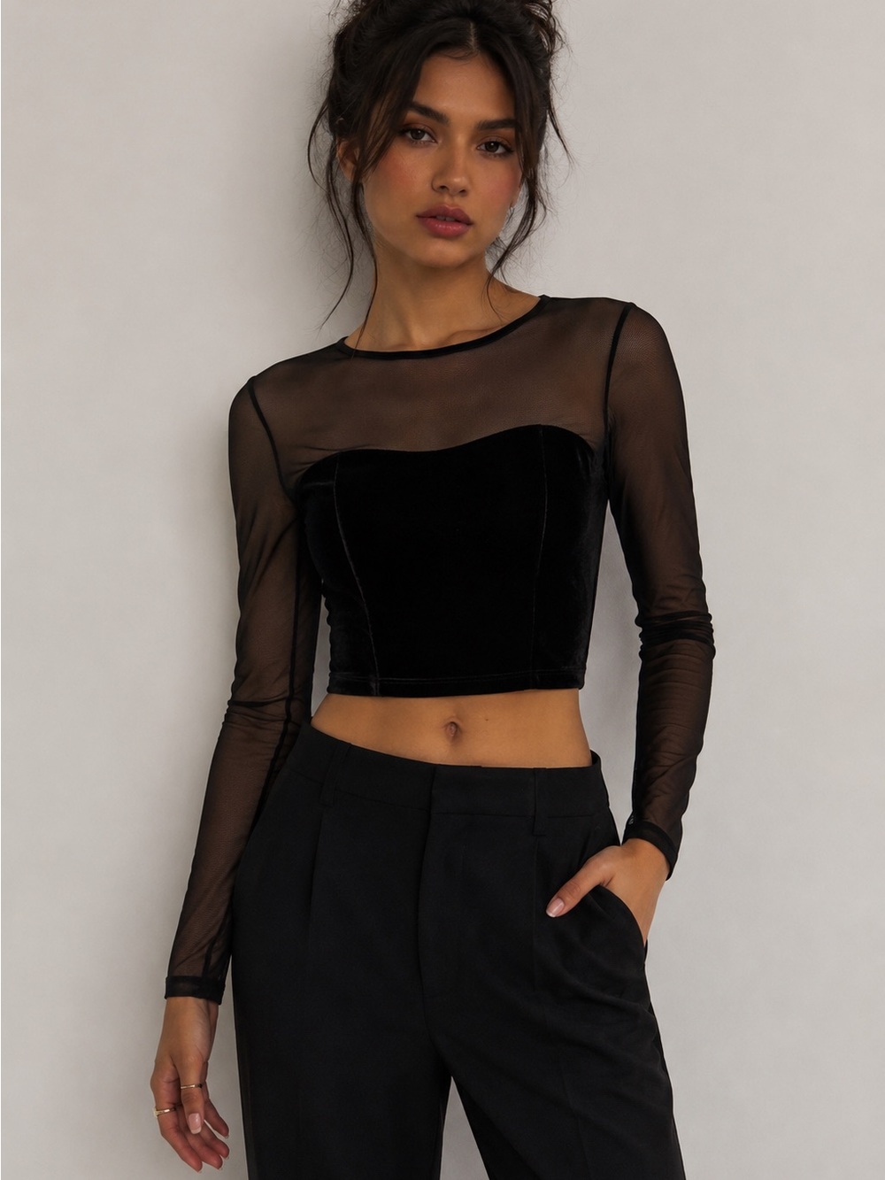 Express Black Sheer Mesh Long-Sleeve Crop Top